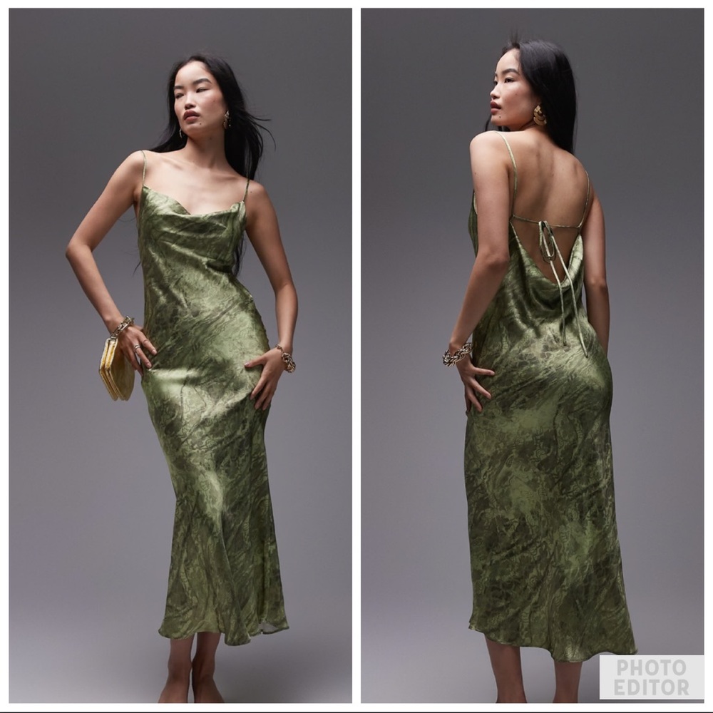 NWT Topshop cowl midi slip dress placement lace in green print